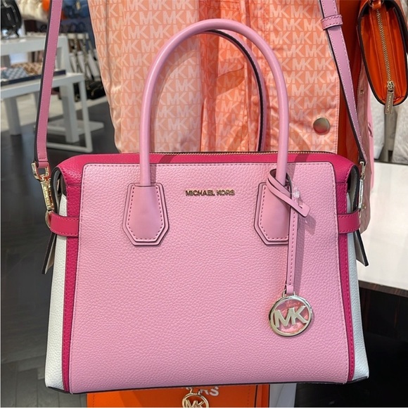 MICHAEL KORS Mercer Md Top ZipColor-Block Belted Satchel Crossbody Purse El Pink - Picture 3 of 16